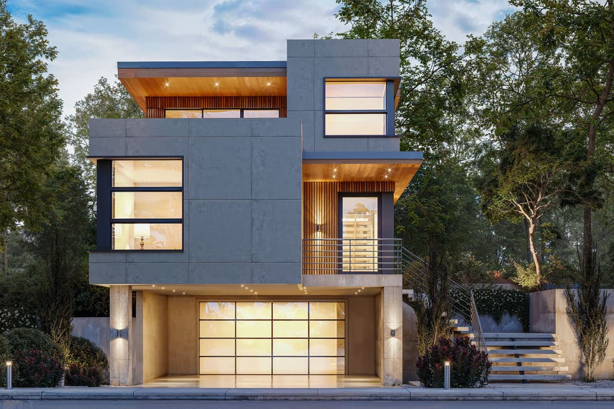 Modern house plan exterior with three stories, wood accents, large windows, and a glass garage door.
