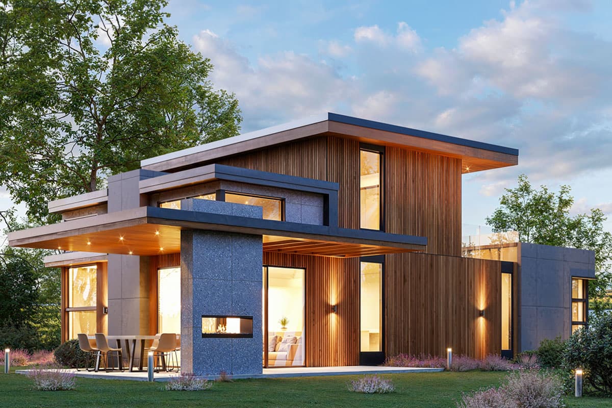 Modern house plan exterior with cantilevered roofs, wood siding, stone accents, covered patio, and outdoor fireplace.