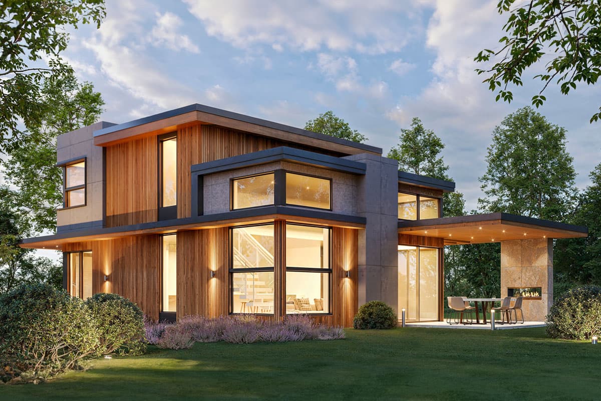 Modern two-story house plan exterior with wood and concrete facade, cantilevered roof, and large windows.