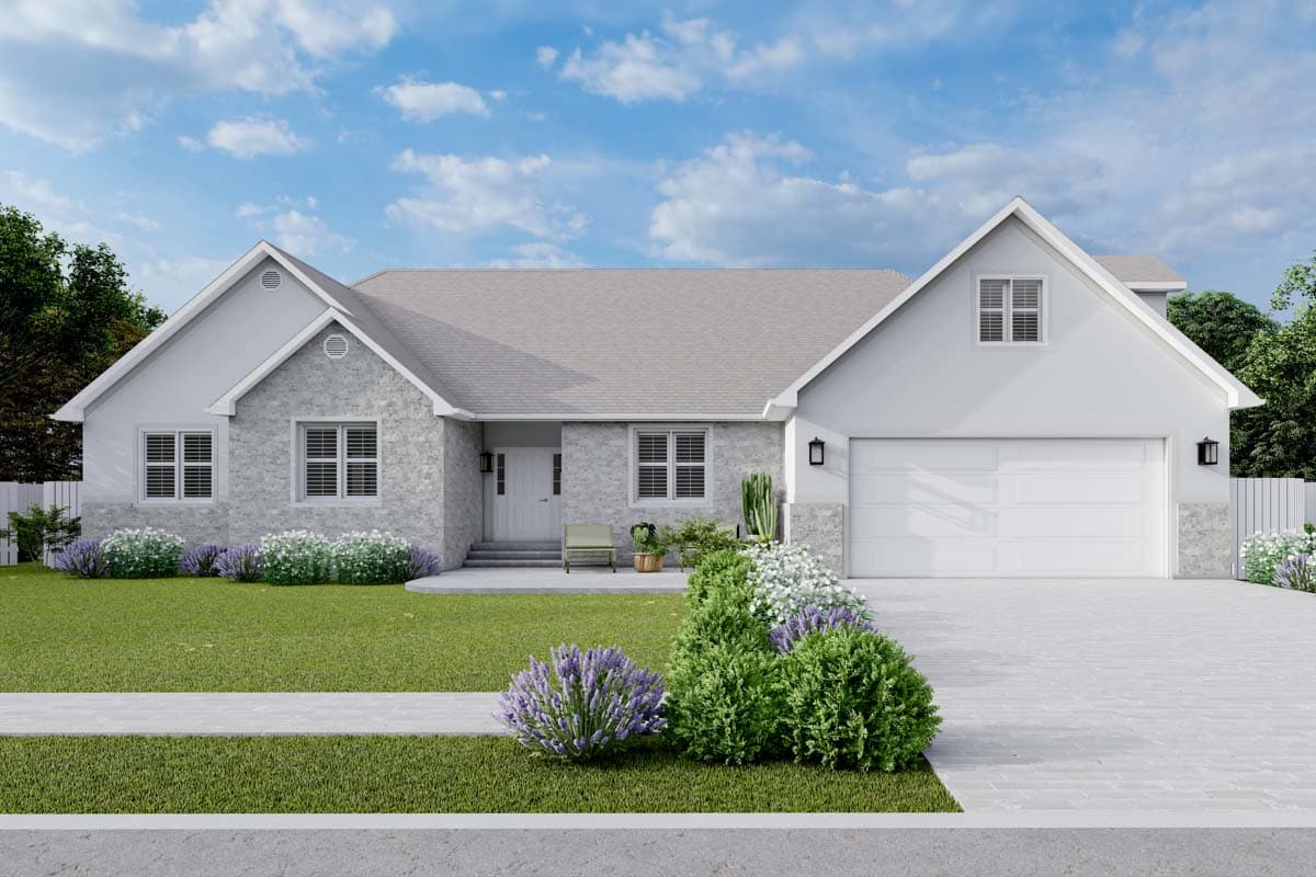 House plan exterior. One-story house with gabled roof, stone facade accents, and attached garage. Includes a covered front entry and dormer.