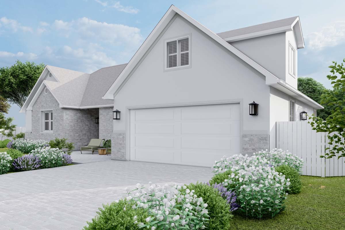 Modern Farmhouse house plan exterior with a two-car garage, gables, dormer window, and stone accents.