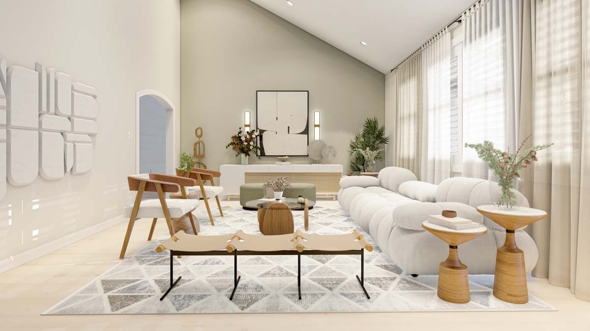 Interior rendering of a living room with vaulted ceiling, fireplace, sofa, and modern furniture.