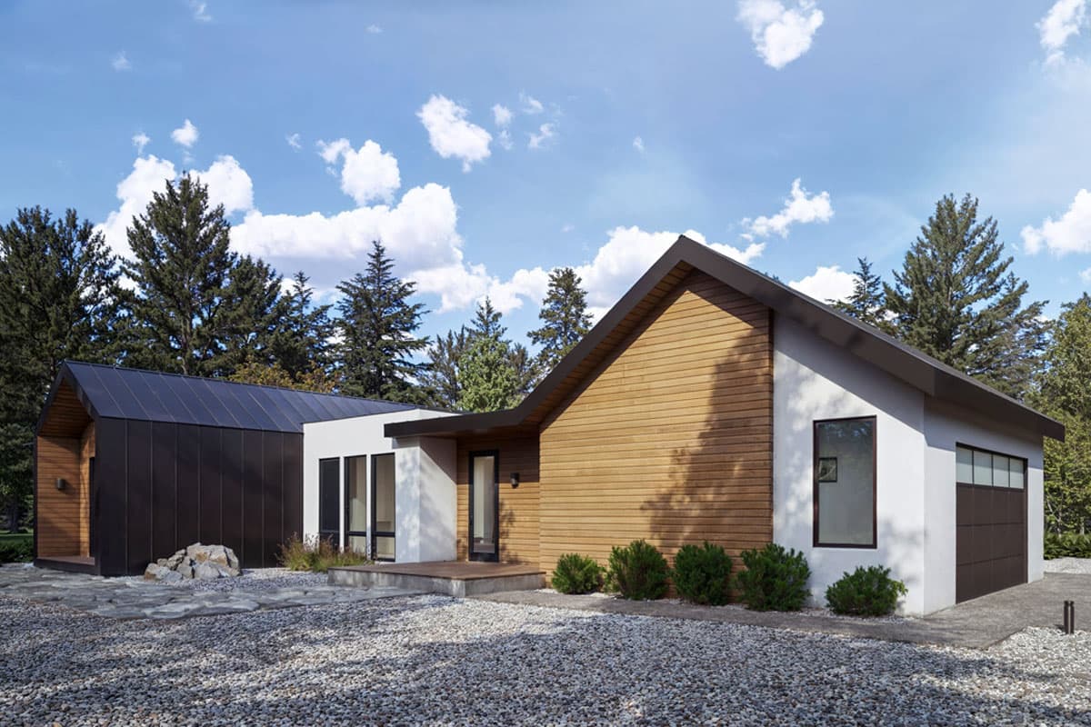 Modern house plan exterior with wood siding, stucco, and a dark metal-clad section. Features pitched rooflines and attached garage.