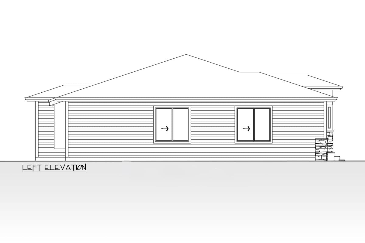 Left elevation house plan with horizontal siding, two windows, and a stone-clad foundation element.