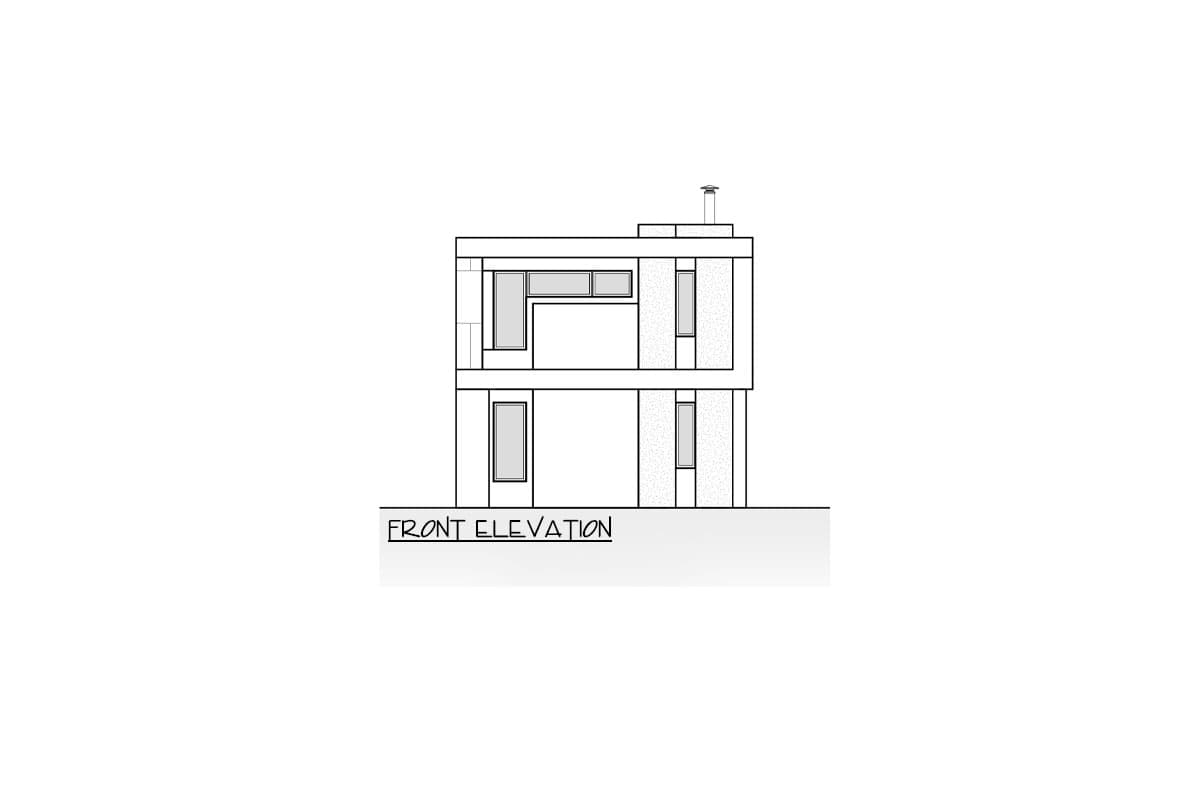 Front elevation drawing of a two-story modern house with geometric window placement and a chimney.