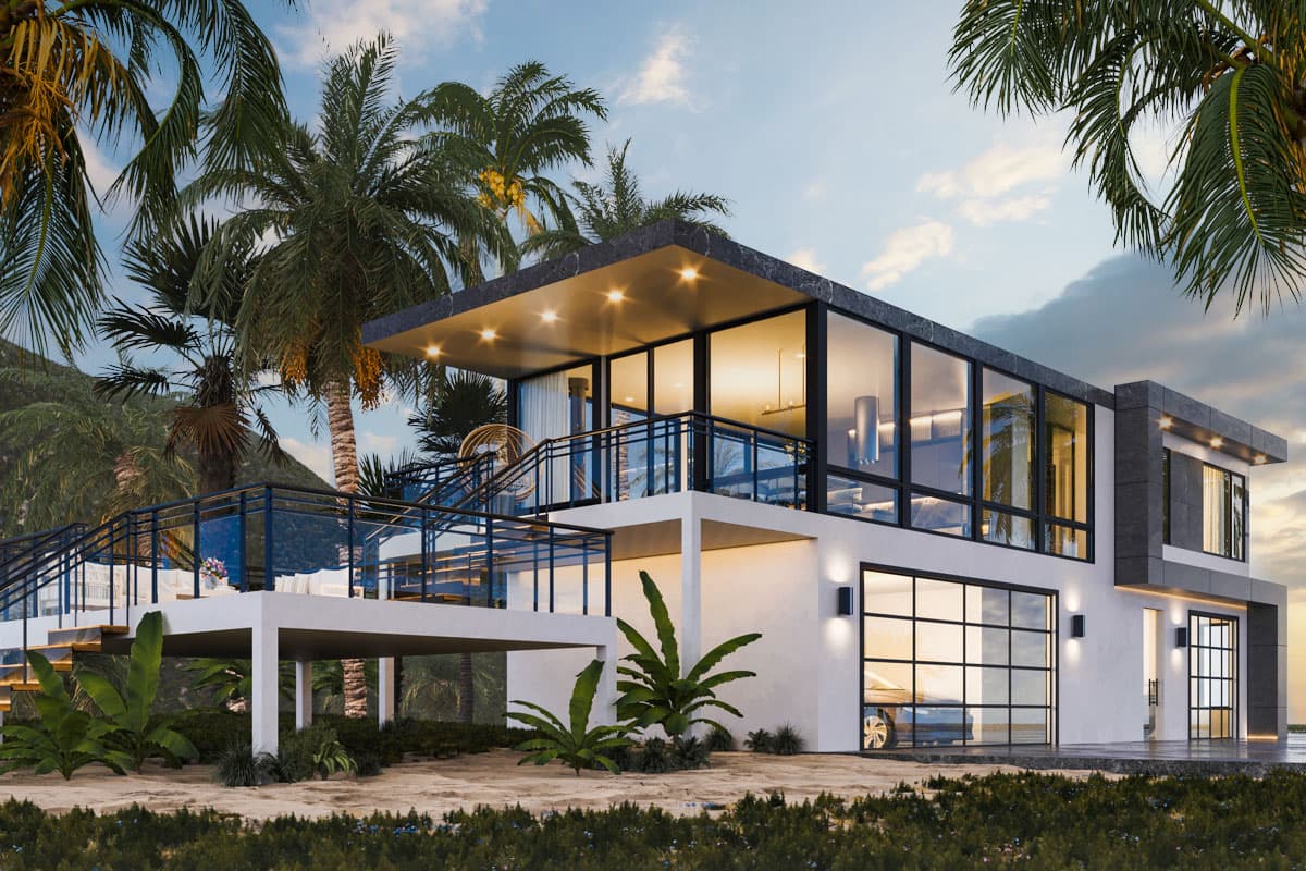 House plan exterior. Modern style, two-story home. Features include a flat roof, glass walls, and a covered patio with open railing.