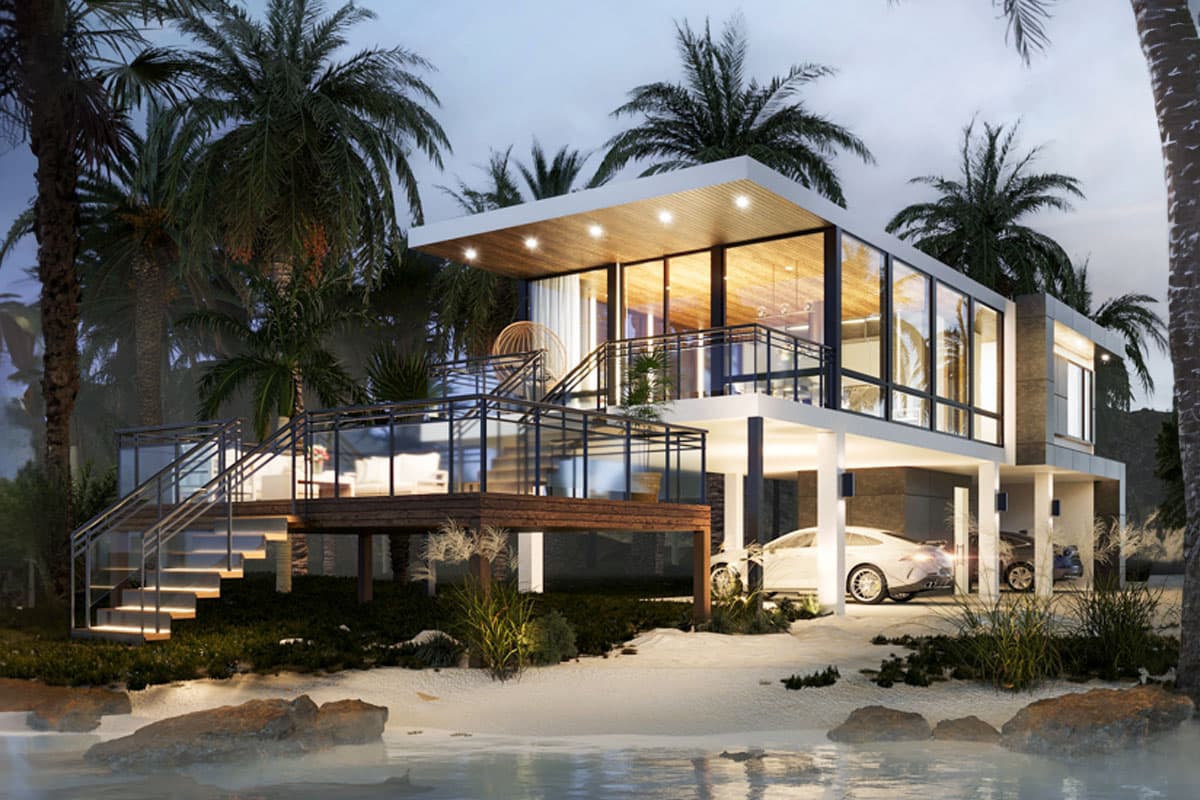 Modern house plan exterior with elevated living spaces, extensive glass walls, cantilevered rooflines, and a lower-level garage.