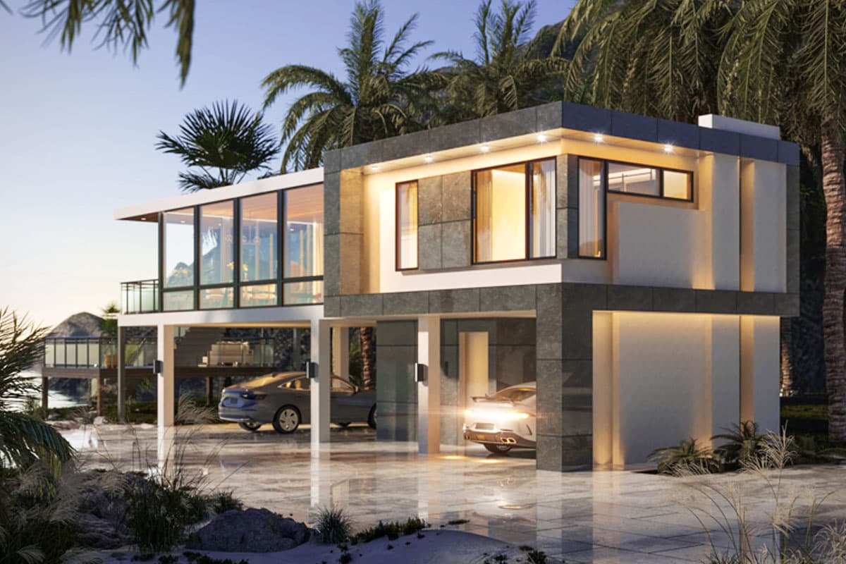 Modern two-story house plan exterior with extensive glass walls, cantilevered second story, and open ground-level parking.
