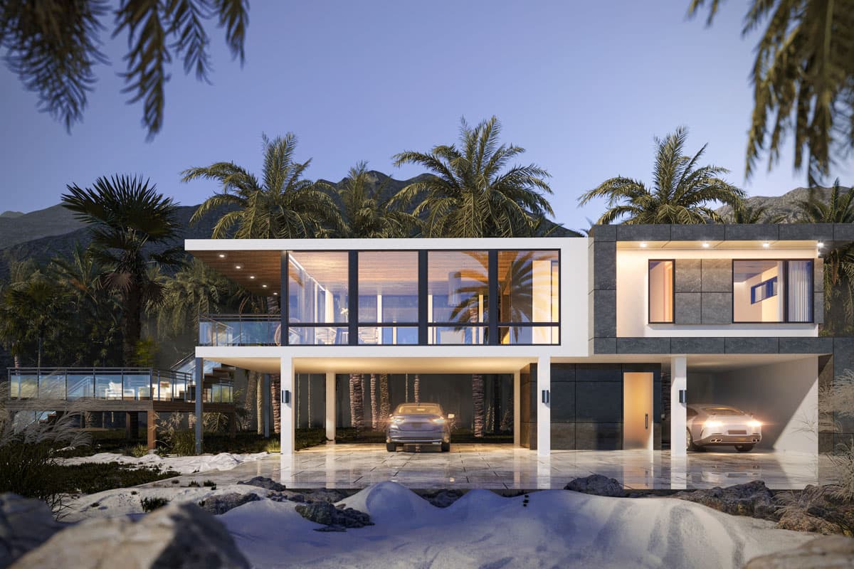 Modern two-story house plan exterior with extensive glass walls, cantilevered sections, and an open carport.