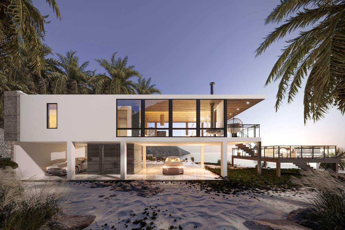 Modern two-story house plan with open balconies, a cantilevered second story, and a three-car garage on the ground level.