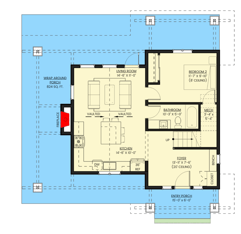 Plan 330021WLE: 2-Bed Rustic Cottage with 3-Sided Wraparound Porch and L-Shape Kitchen Under 1000 Square Feet - Floor Plan - Main Level - Cottage, Country, Mountain, Rustic, Vacation