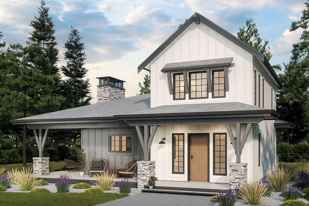 House plan exterior featuring Modern Farmhouse style with two stories, gabled roof, covered porch, and stone chimney.