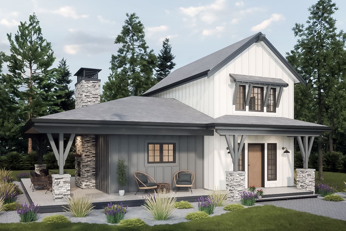 Modern Farmhouse house plan exterior with stone chimney, covered porch with gabled roof, and board and batten siding.