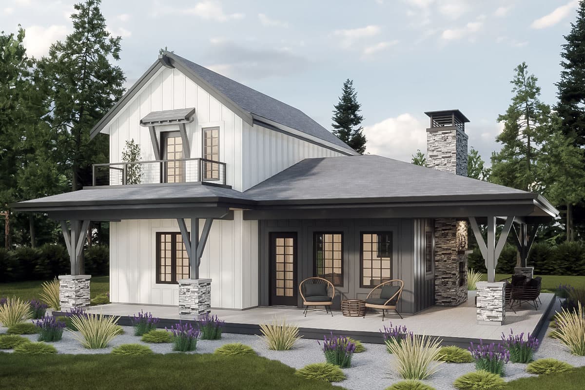 Modern Farmhouse style house plan exterior with board and batten siding, a prominent gable, stone chimney, and wrap-around porch.