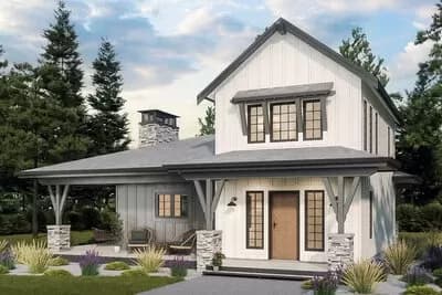 2-Bed Rustic Cottage with 3-Sided Wraparound Porch and L-Shape Kitchen Under 1000 Square Feet
