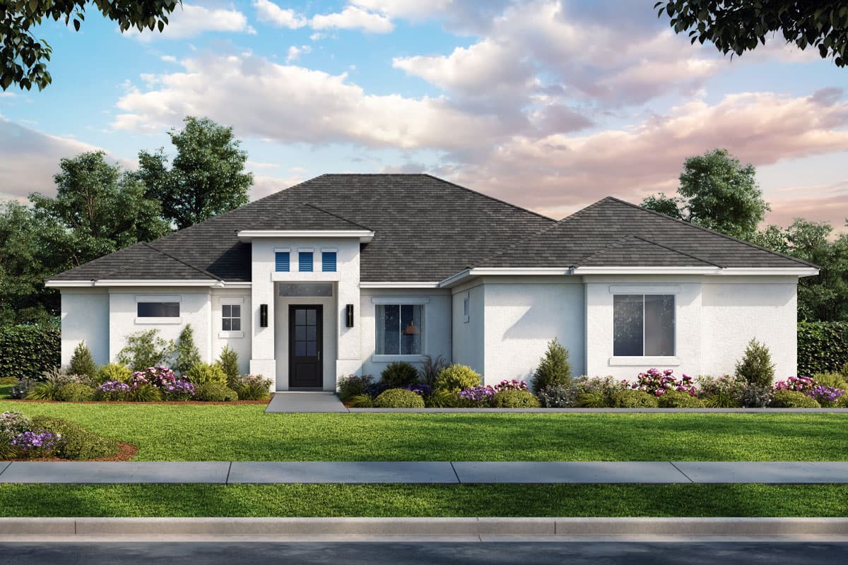 House plan exterior. One-story house with a low-pitched roof, gables, and recessed entry. Includes sidelights and a decorative transom.