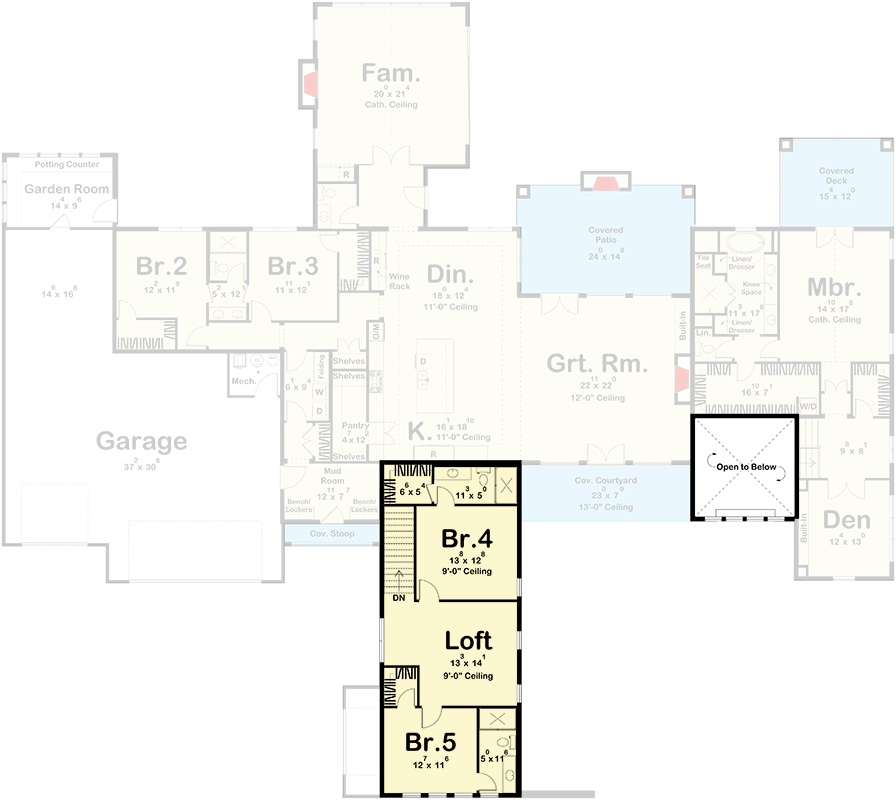 Plan 623384DJ: 2-Story Transitional Home Plan with Sunken Den and Oversized Open Living - 4990 Sq Ft - Floor Plan - 2nd Floor - European, Transitional