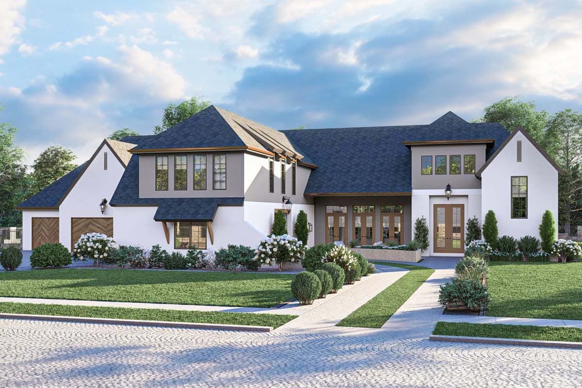 House plan exterior with two stories, a hipped roof, gables, multiple windows, and a detached garage.