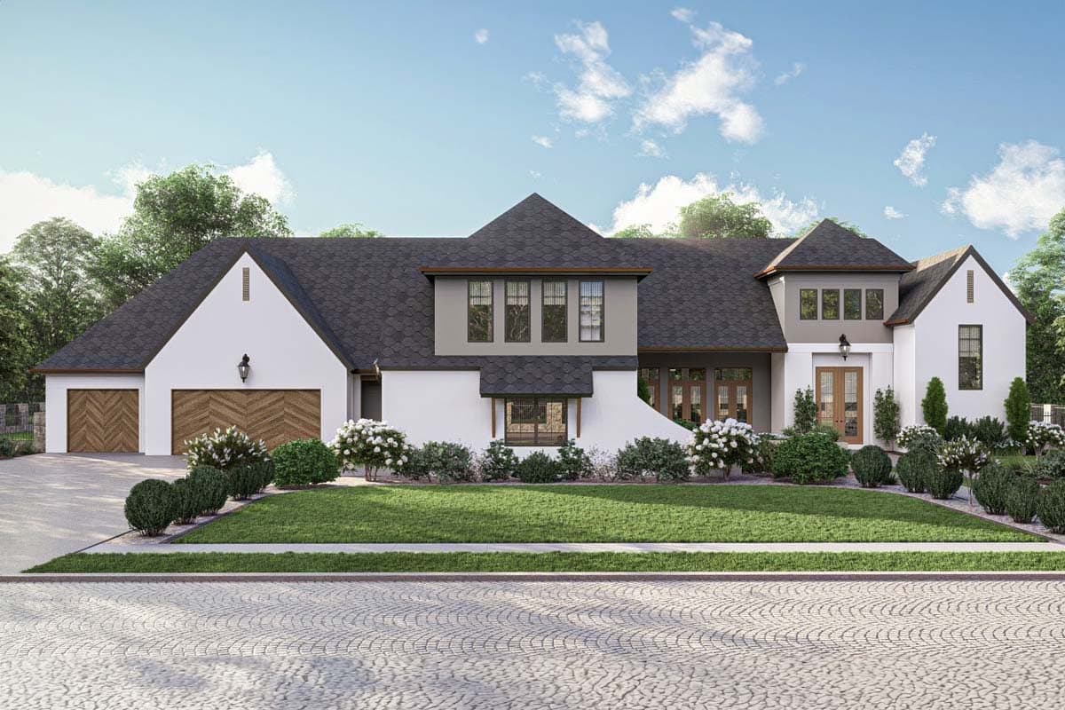 House plan exterior: Modern style, two-story, white stucco with gables, dormers, a pitched roof, and a three-car garage.