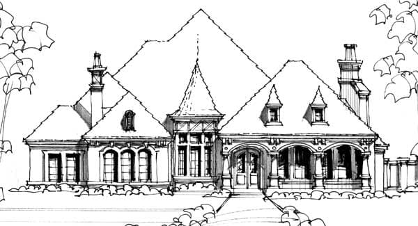 House plan exterior sketch showing a two-story home with a turret, arched windows, and a covered portico.