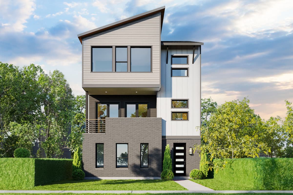 House plan exterior. Two-story modern house with a mix of siding and brick, shed roof, and small balcony. Featuring multiple windows.