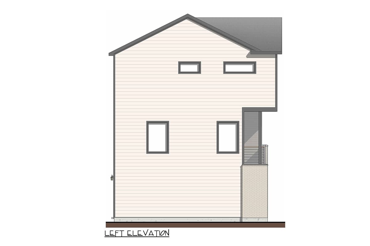 Left elevation of a two-story house plan showing vinyl siding, gable roof, and a small covered porch.