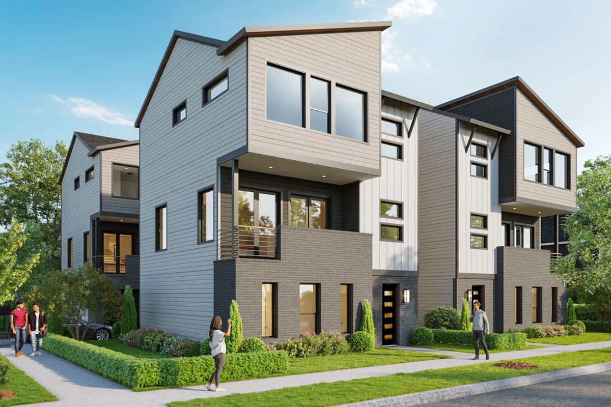 Modern multi-story house plan exterior with layered volumes, varied siding, and cantilevered upper stories.