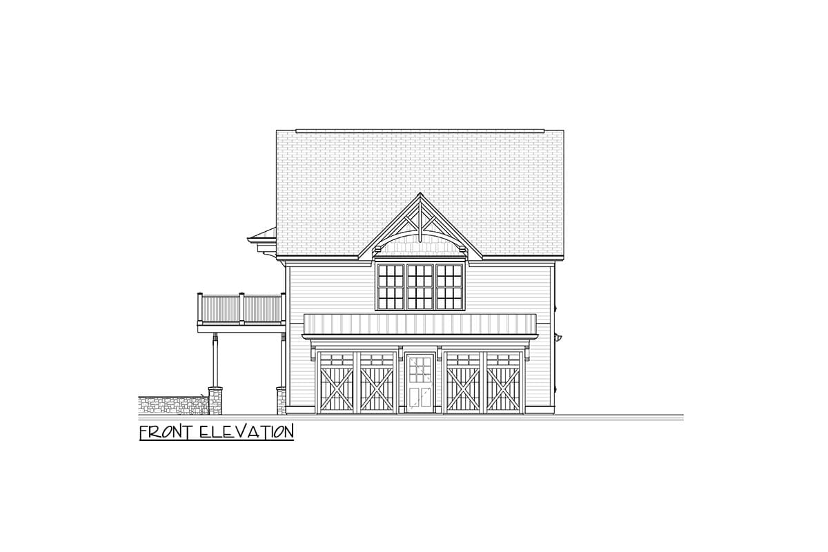 Front elevation drawing of a two-story house plan with a triple garage, covered porch, and deck.