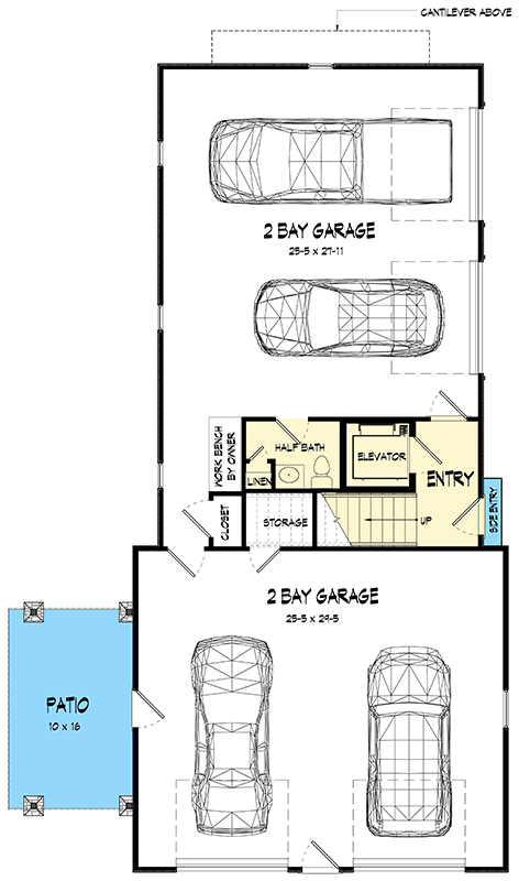 Plan 360119DK: 2-Bed Country Carriage House Plan with Elevator and 4-Car Garage - 1,960 Sq Ft  - Floor Plan - Main Level - Carriage, Country, Craftsman, Traditional