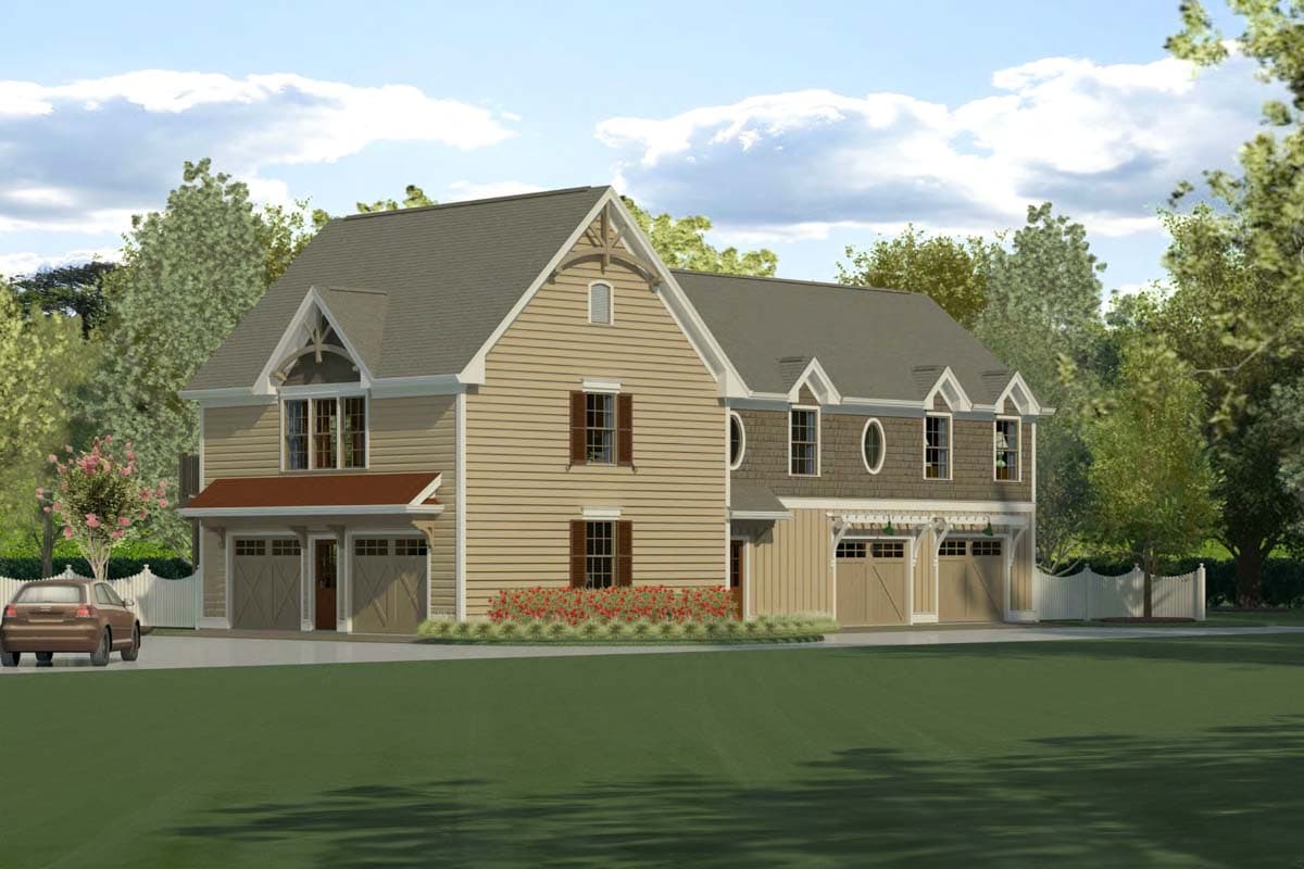 House plan exterior with two stories. Features include multiple gables, a covered garage, and small dormers along the roofline.