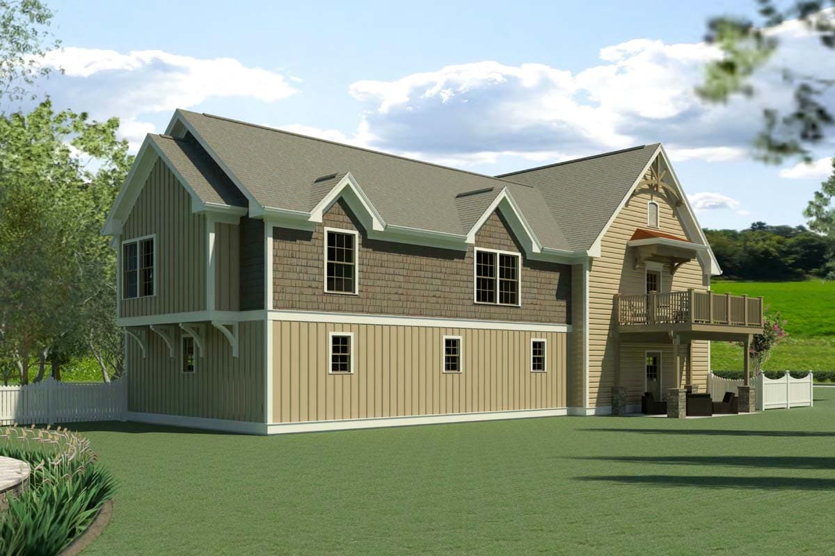 House plan exterior: Two-story design with multiple gables, shingle and vertical siding, and an elevated balcony.
