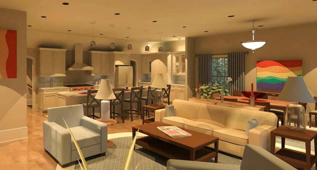 Open concept living area with kitchen island, bar seating, dining table, and sofa.