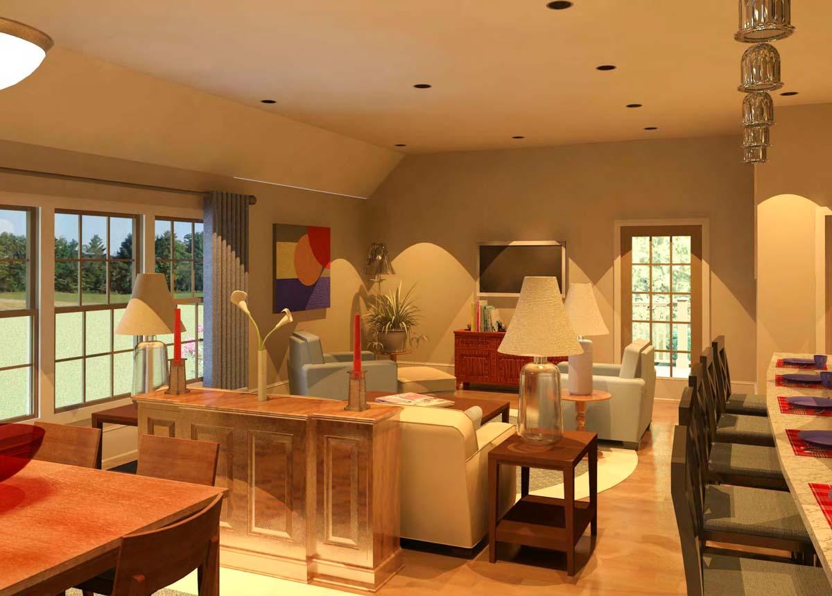 Rendering of a living and dining area with vaulted ceiling, large windows, island seating, sofa, and television.