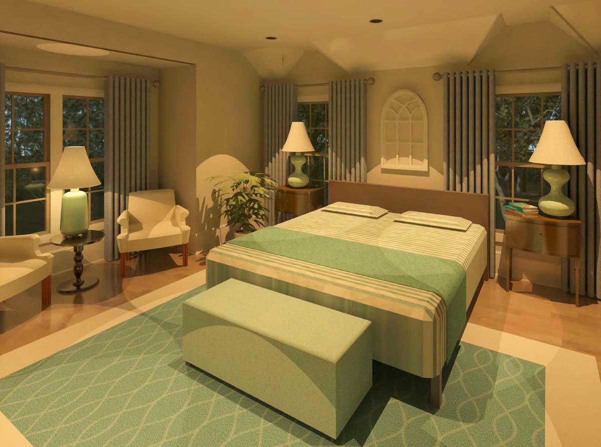 Bedroom rendering with a king bed, two nightstands, two armchairs, a bench, and an arched window.