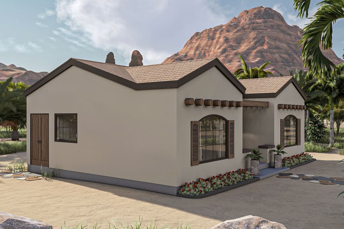 House plan exterior: Spanish Colonial style, one story, gabled roof, arched windows with shutters, and double entry doors.