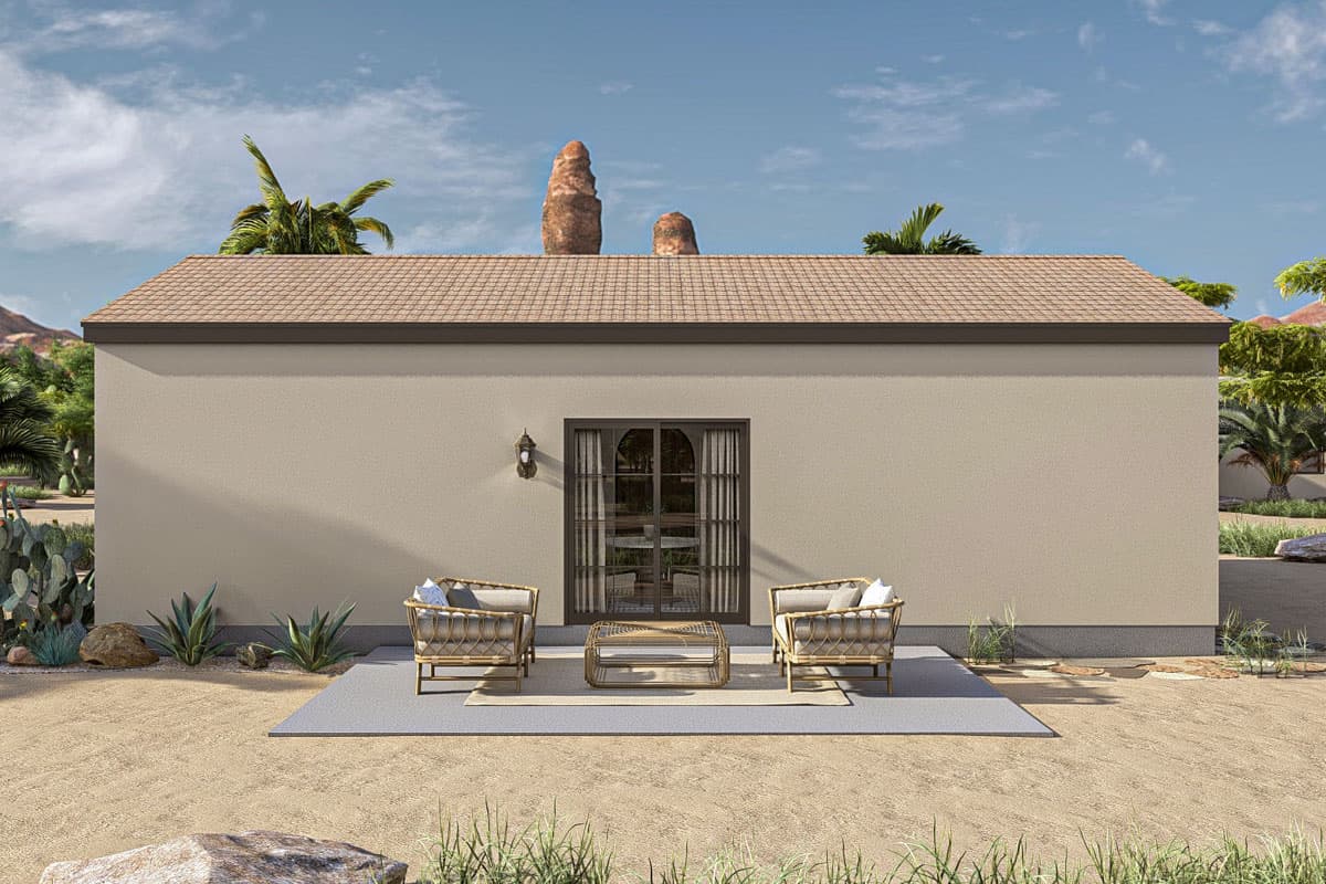 House plan exterior, one story, low-pitch gable roof, stucco walls, central French doors.