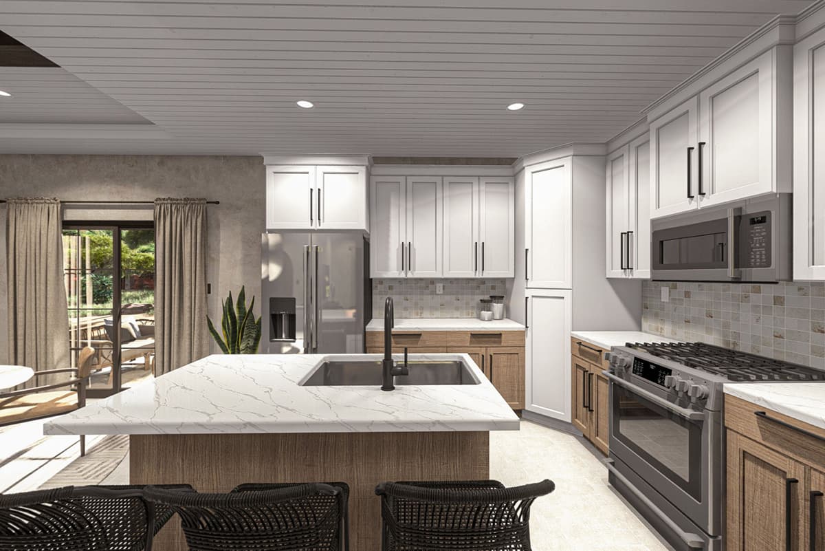 Plan 623385DJ: 1-Bed Southwest-Style Ranch with Patio Space - 834 Sq Ft - Virtual Tour Cover Image - Ranch, Southwest, Spanish