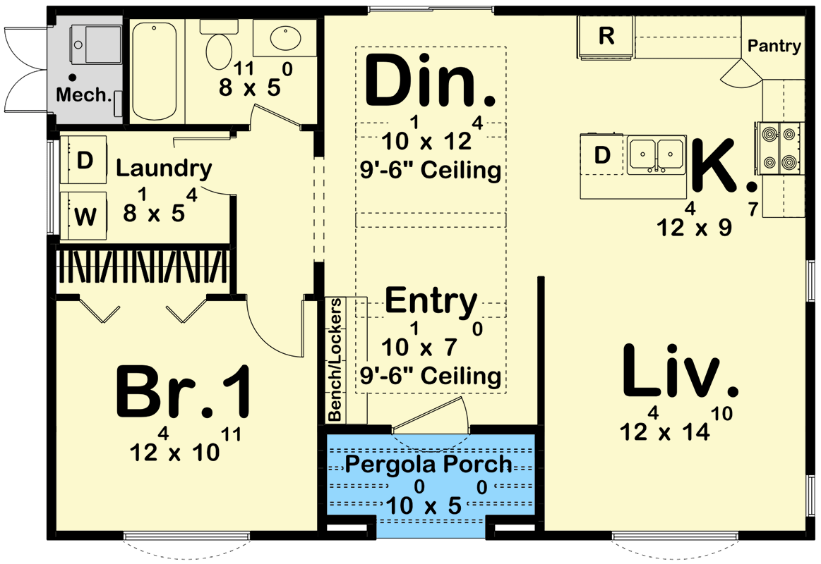 Plan 623385DJ: 1-Bed Southwest-Style Ranch with Patio Space - 834 Sq Ft - Floor Plan - Main Level - Ranch, Southwest, Spanish