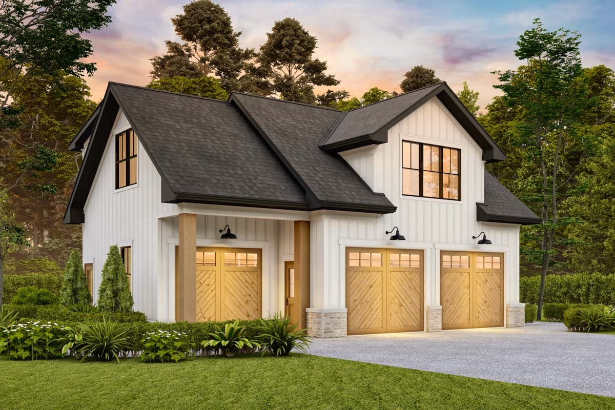 Modern Farmhouse house plan exterior with white vertical siding, a dark roof, three wood garage doors, and exposed beam posts.
