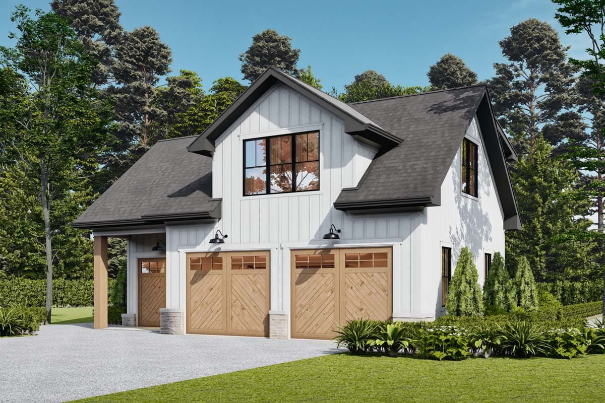 Modern Farmhouse house plan exterior with white board-and-batten siding, gable rooflines, and three garage doors.