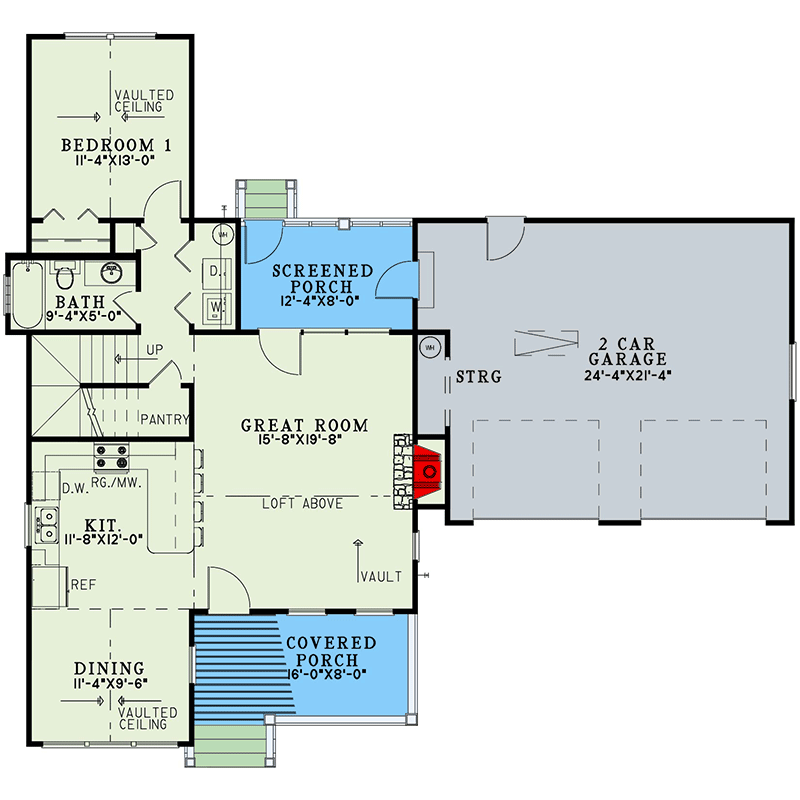 Plan 60722ND: 2-Bed Mountain Cabin with Loft and Great Room - 1294 Sq Ft - Floor Plan - Main Level - Cabin, Country, Mountain, Rustic