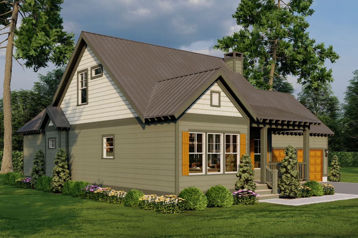 House plan exterior: Craftsman style, two stories, metal roof, gables, dormers, covered porch, and attached garage.