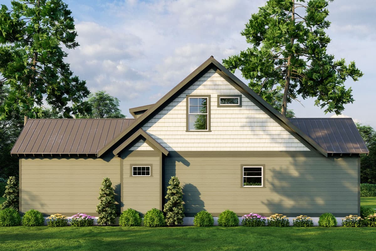 House plan exterior view. Modern Farmhouse style with a prominent gable, shingle siding, and metal roof.