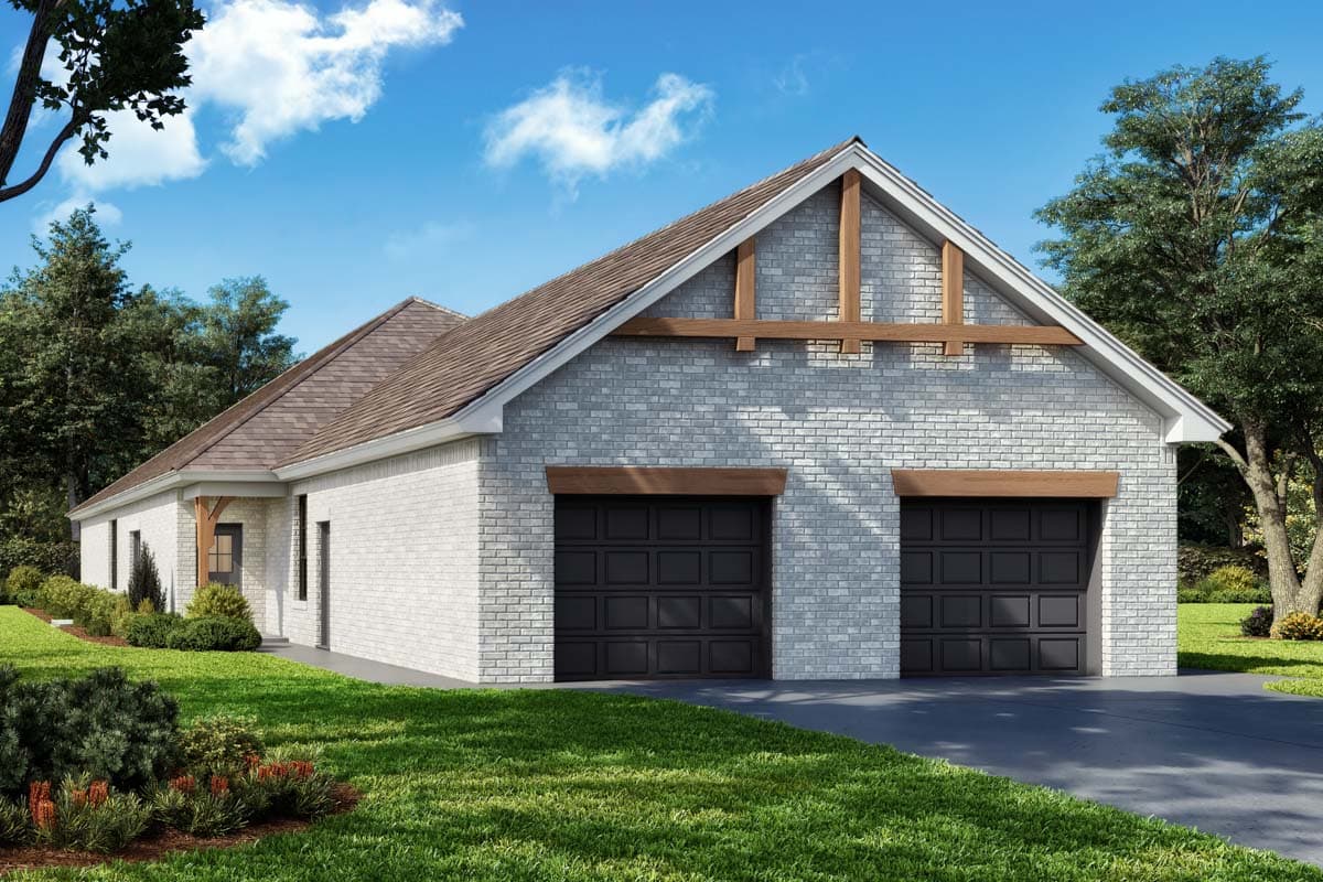 House plan exterior with Craftsman-style elements. Features include a two-car garage, gable roof, and wood accents. One story home with brick facade.