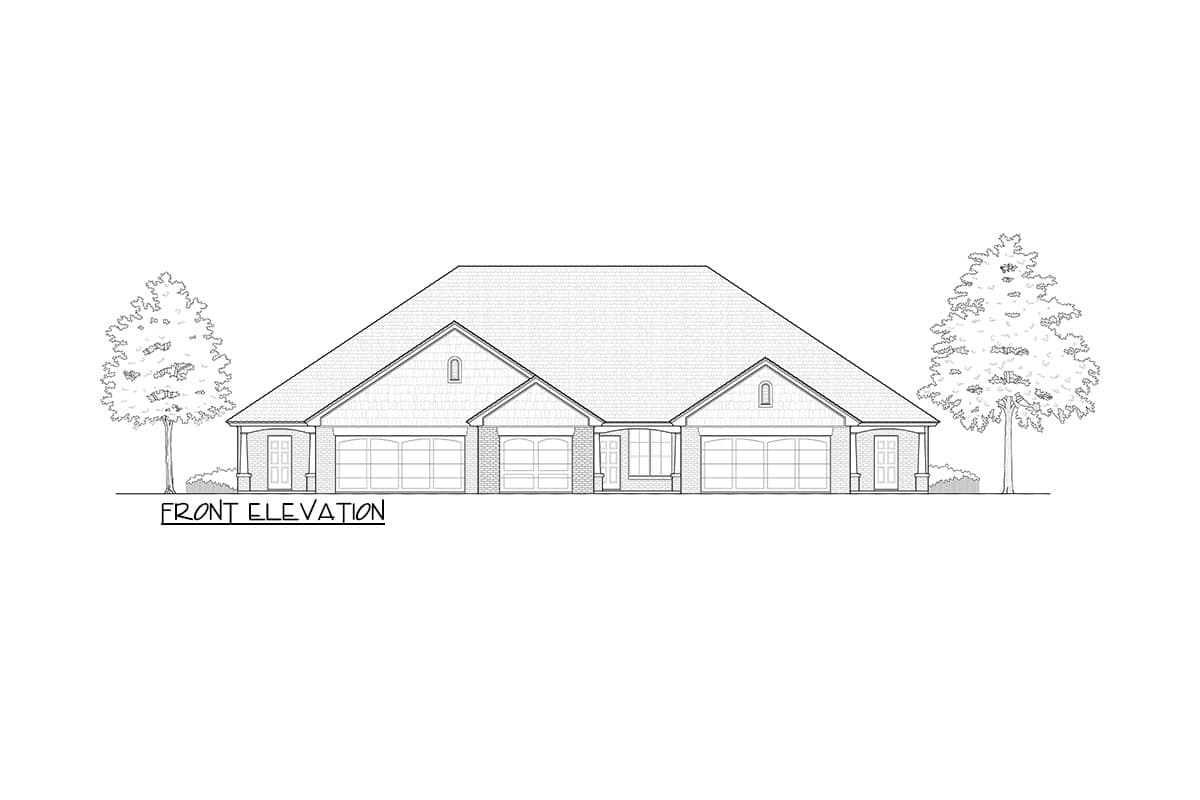 Front elevation drawing of a one-story house with a hip roof, three garage doors, and a central entrance.