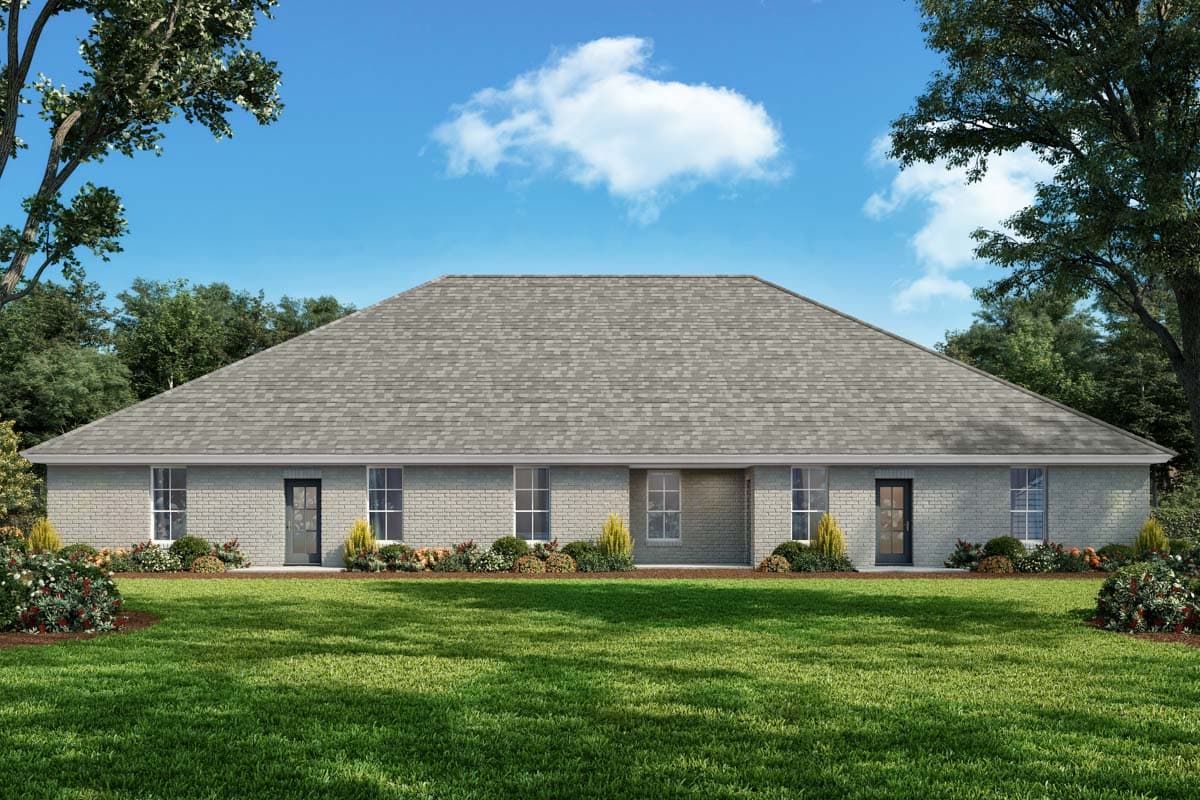 House plan exterior: One-story residence with gray brick facade, hip roof, multiple windows, and two entry doors.