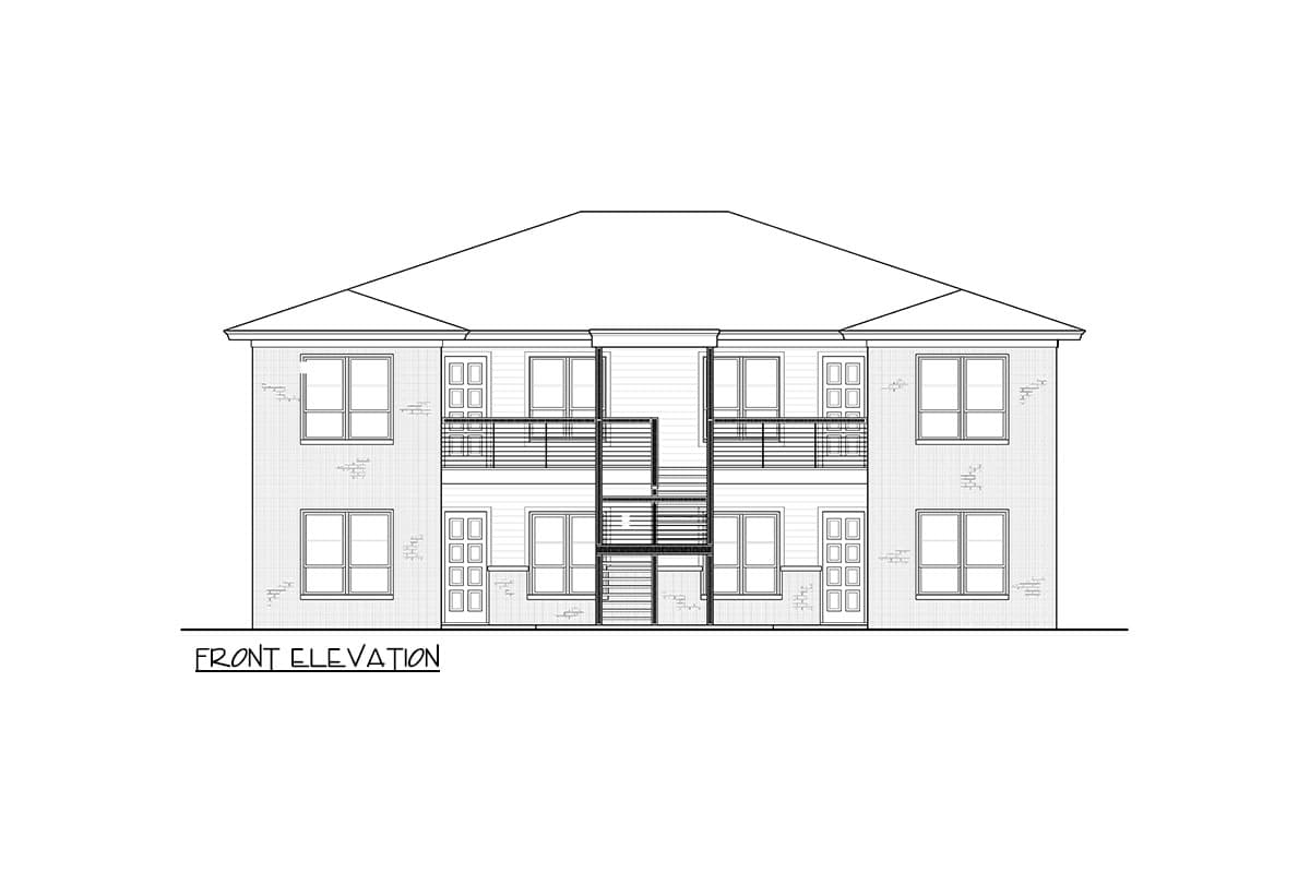 Front elevation drawing of a two-story building with balconies, gabled roof, and multiple windows.