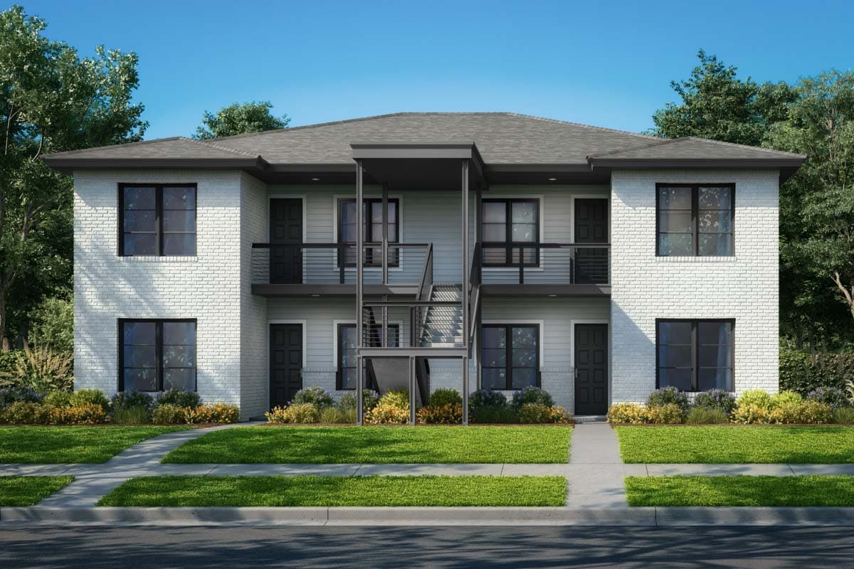 House plan exterior. Two-story multi-unit dwelling with brick veneer and metal balconies. Features include a flat roof and modern windows.