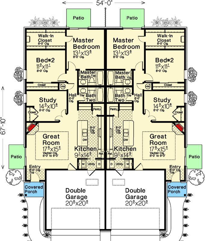 Plan 48627FM: 3-Bed Duplex Home Plan with Flex Room and 2-Car Garage - 1311 Per Unit - Floor Plan - Main Level - Ranch, Traditional
