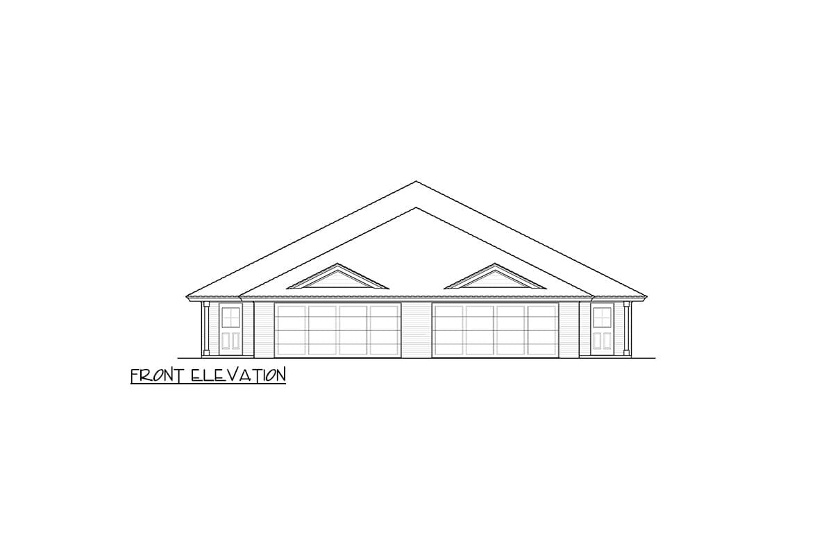 Front elevation drawing of a house plan featuring a hip roof, two garage doors, and two front doors.